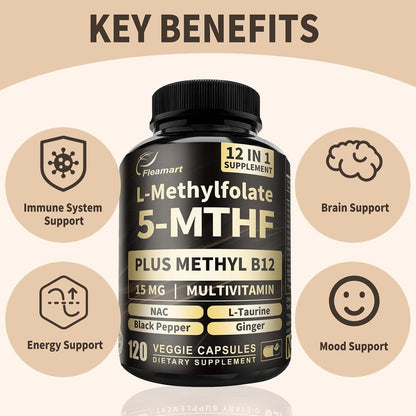 L-Methylfolate 15mg Plus Methyl B12 - 12-in-1 Methylated B9 & B12 Supplement, 120 Vegan Capsules