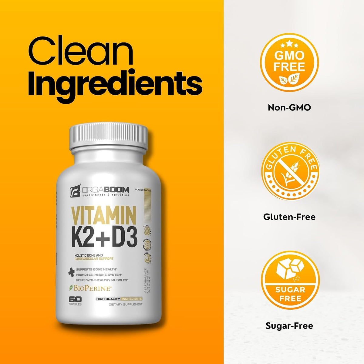 Orgaboom Vitamin D3 K2 Calcium Supplement - 5000 IU D3 + 100 mcg K2 MK7 with Bioperine - Bone & Heart Health - 60 Capsules - görsel 4