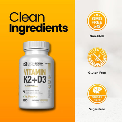 Orgaboom Vitamin D3 K2 Calcium Supplement - 5000 IU D3 + 100 mcg K2 MK7 with Bioperine - Bone & Heart Health - 60 Capsules