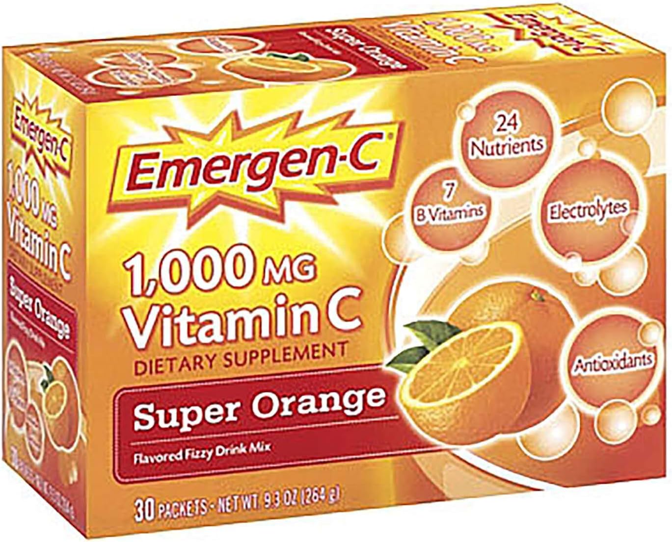 Emergen-C Vitamin C Fizzy Drink Mix, Super Orange, 1000 mg, 30 Sachets - görsel 1