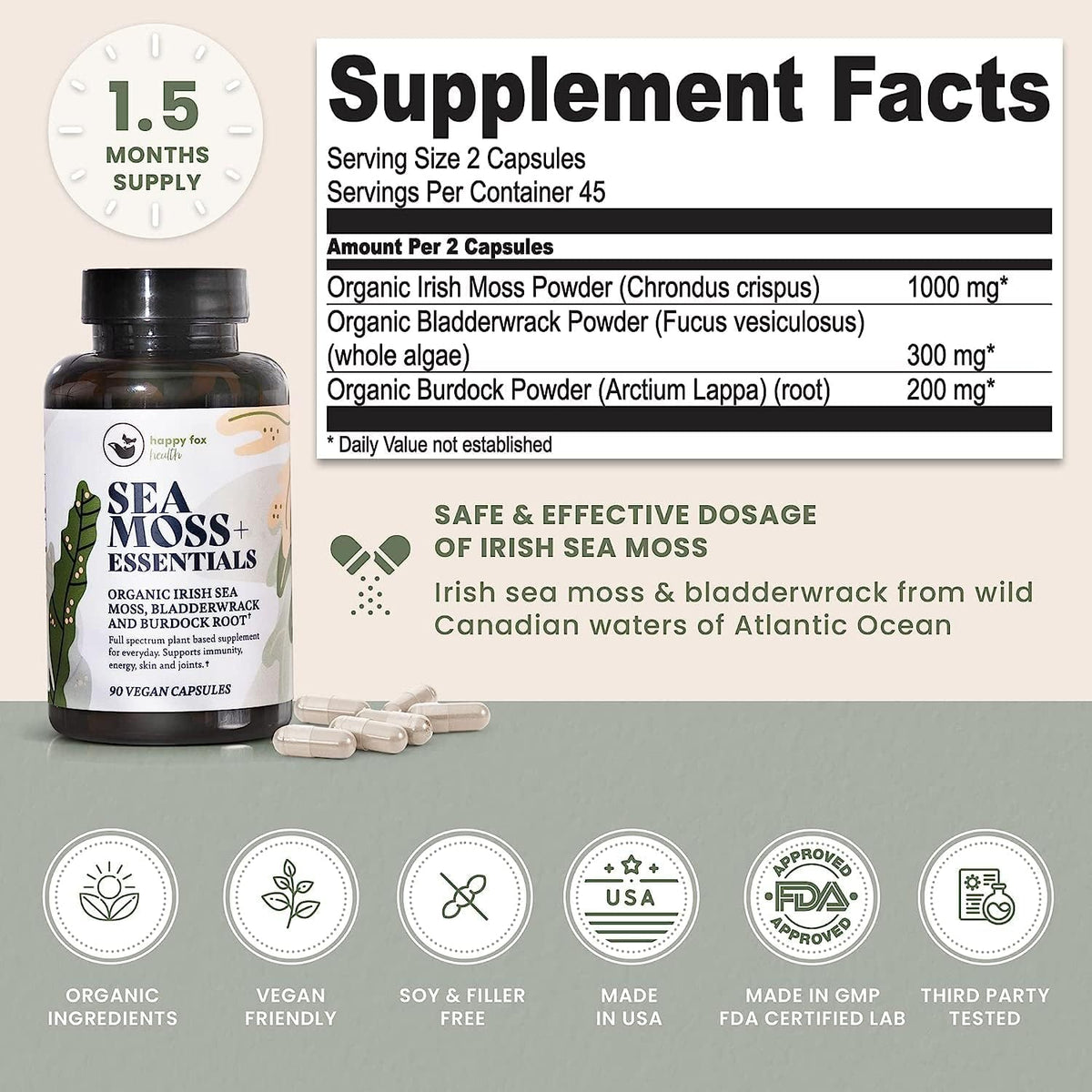 HAPPY FOX Irish Sea Moss Capsules with Burdock Root & Bladderwrack - Alternative to Seamoss Gummies or Powder, 90 Vegan Capsules, Made in the USA - görsel 2
