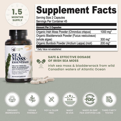 HAPPY FOX Irish Sea Moss Capsules with Burdock Root & Bladderwrack - Alternative to Seamoss Gummies or Powder, 90 Vegan Capsules, Made in the USA