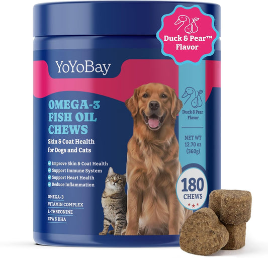 YoYoBay Fish Oil Chews for Dogs & Cats, Omega-3 Fish Oil for Dogs - Rich in Omega-3, 6 and 9 with Flaxseed Oil, EPA & DHA - 180 Soft Chews, Duck & Pear Flavour