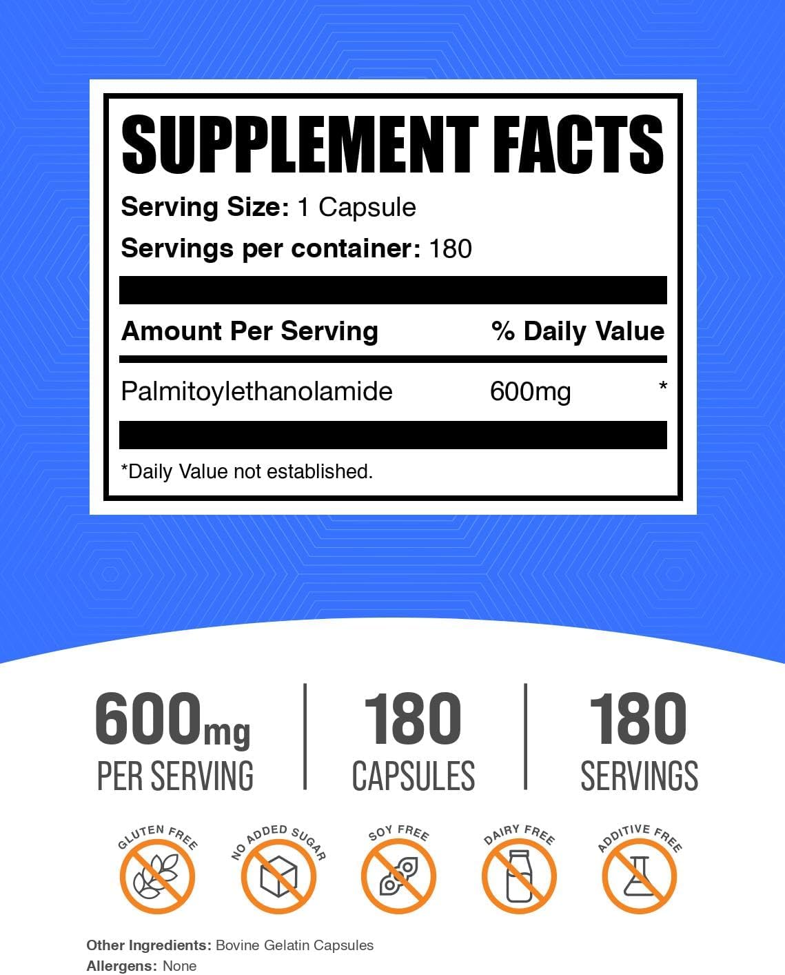 Palmitoylethanolamide (PEA) 600mg Capsules - Gluten-free, 180 Capsules - görsel 2