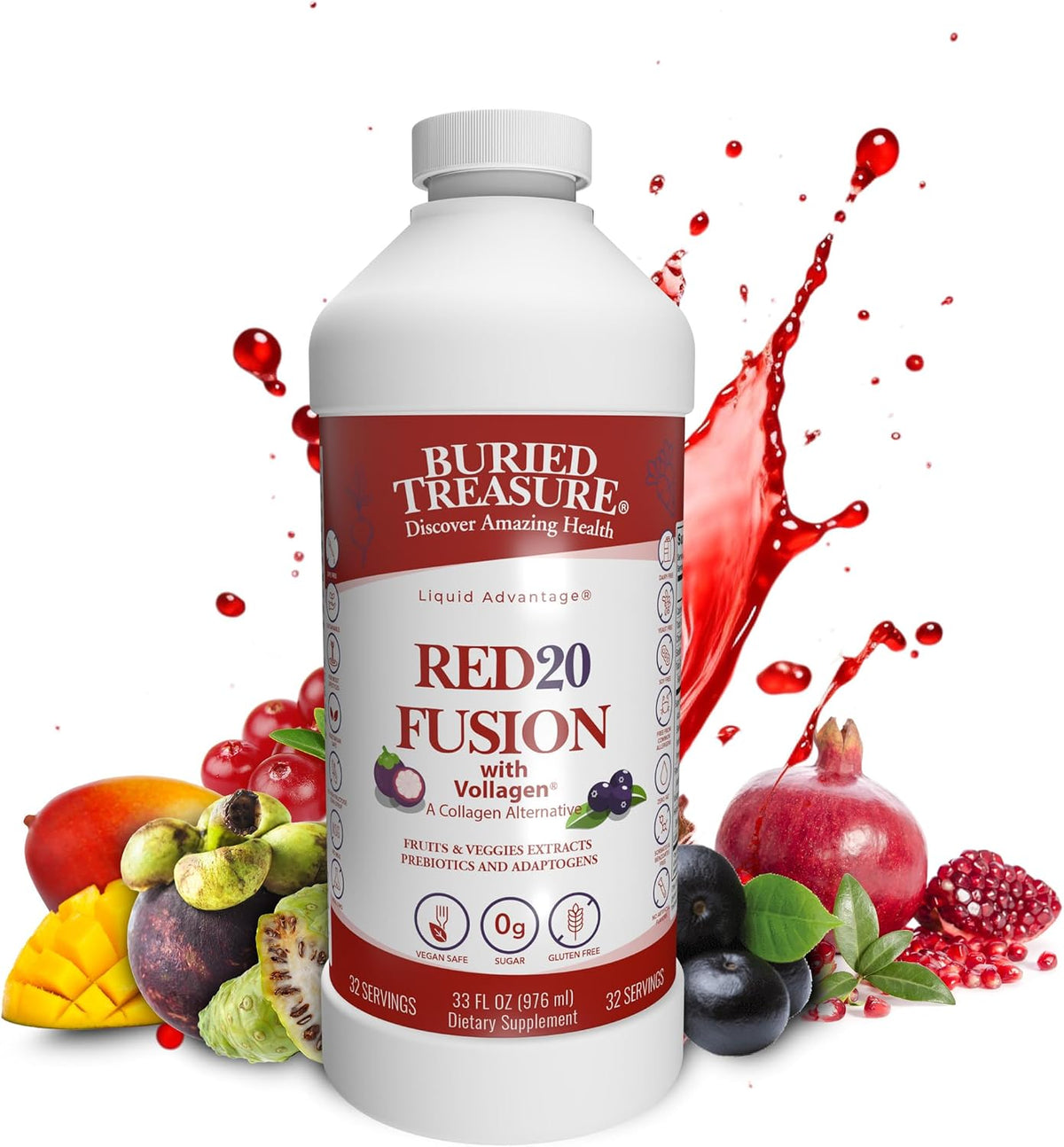 Buried Treasure Red20 Fusion Superfood Blend – Acai, Beets, Blueberry, Fibre, Adaptogens, Lutein, Vegan Vollagen, 946ml Liquid - görsel 1