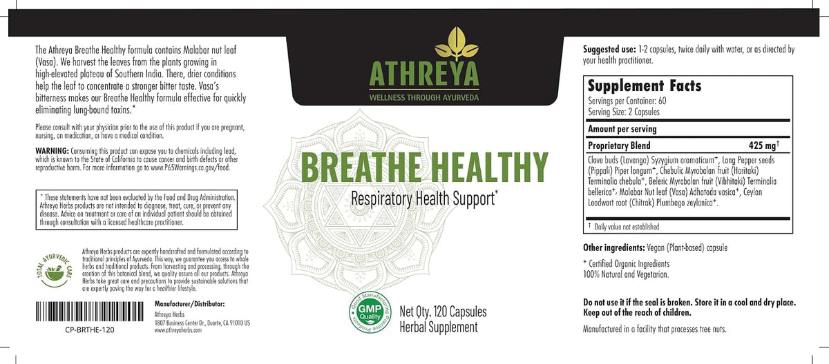 Athreya Herbs Breathe Healthy Capsules – Lung and Respiratory Support Supplement, Vegan, Non-GMO (120 Capsules, 30 Day Supply) - görsel 2