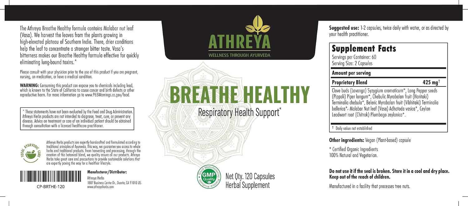 Athreya Herbs Breathe Healthy Capsules – Lung and Respiratory Support Supplement, Vegan, Non-GMO (120 Capsules, 30 Day Supply) - görsel 2