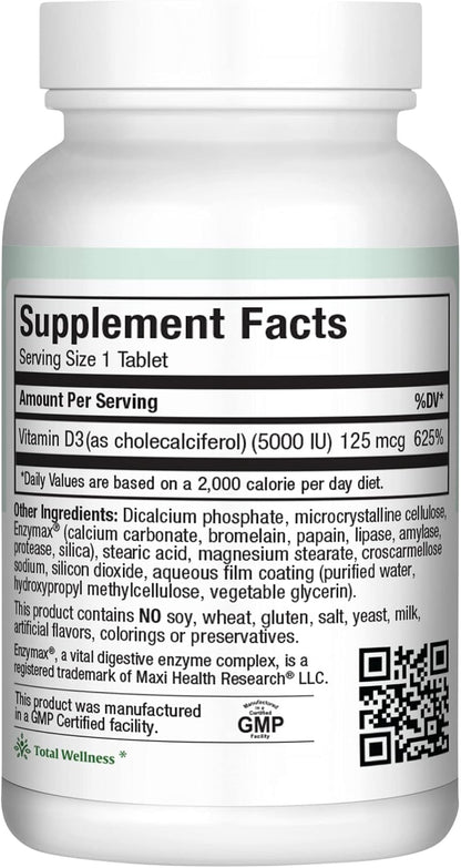 Vitamin D3 5000 IU (125 mcg) - High Potency, Kosher, Non-GMO - 90 Tablets