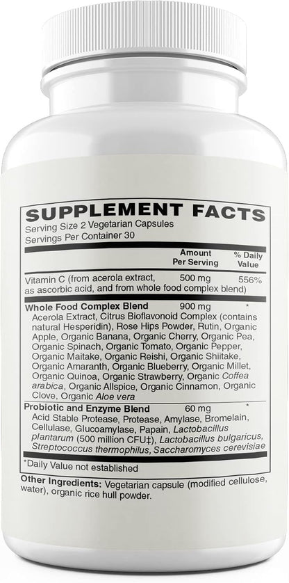 Modern Organics Vitamin C | 500mg Whole Food Vitamin C from Acerola Cherry with Citrus Bioflavonoid Complex & Organic Fruits & Vegetables Blend | 60 Vegan Capsules