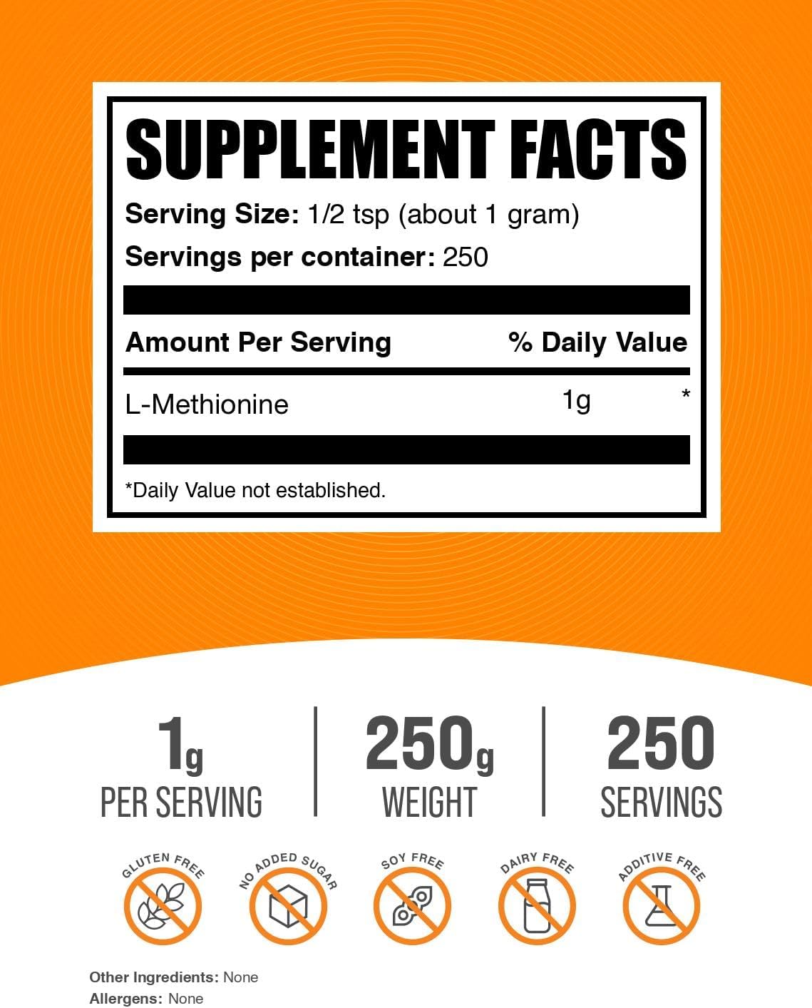 BulkSupplements.com L-Methionine Powder - Amino Acids Nutritional Supplements, Choline Supplements, Antioxidants Supplement - Gluten-Free, 1g per Serving, 250g (Pack of 1) - görsel 2