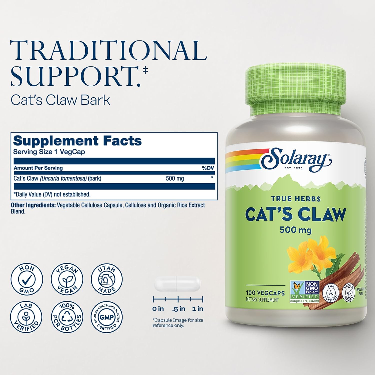 SOLARAY Cat's Claw Bark 500mg, Immune and Digestive Support, 100 Capsules - görsel 2