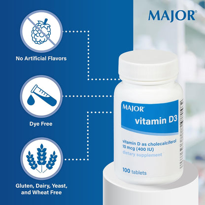 MAJOR Vitamin D3 10mcg (400 IU) with Calcium – Food Supplement – 100 Tablets