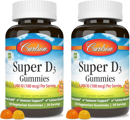Carlson Super D3 Gummies 4000 IU (100 mcg) - Natural Fruit Flavours, 120 Vegetarian Gummies