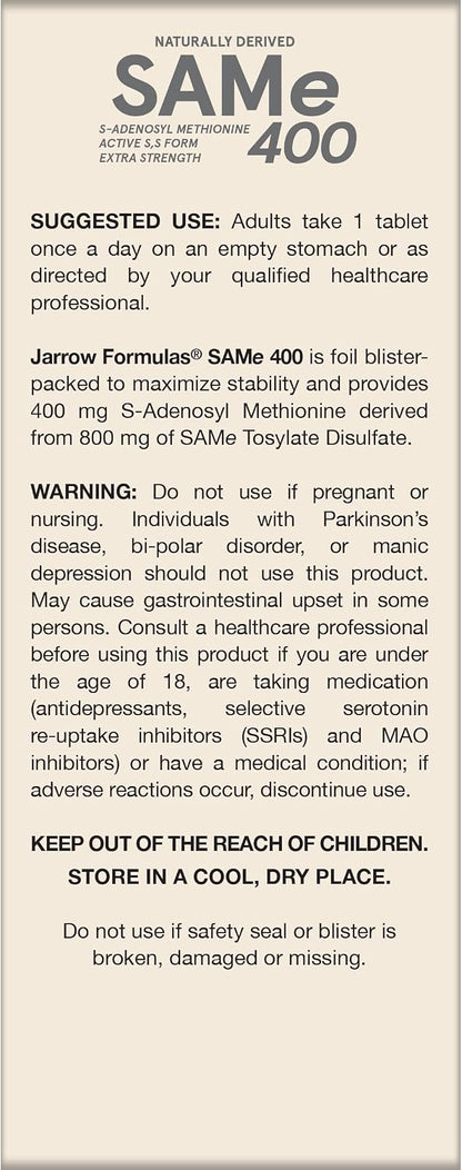 Jarrow Formulae SAMe Supplement 400 mg - 60 Tablets - High Concentration of Active S,S Form