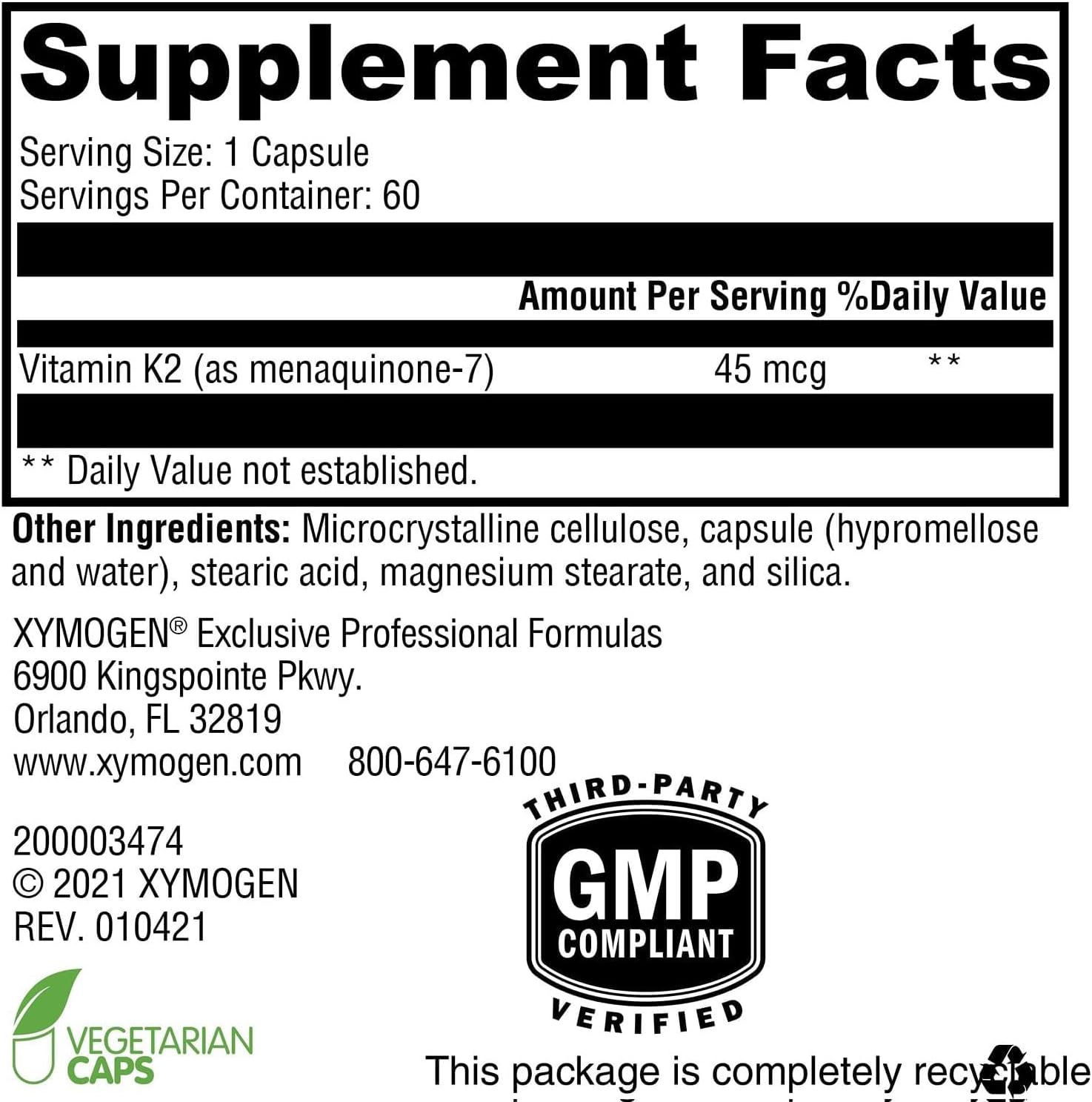 XYMOGEN K2-45: Bio-available Vitamin K2 (MK-7) 45 mcg for Bone and Heart Health - 60 Capsules - görsel 2