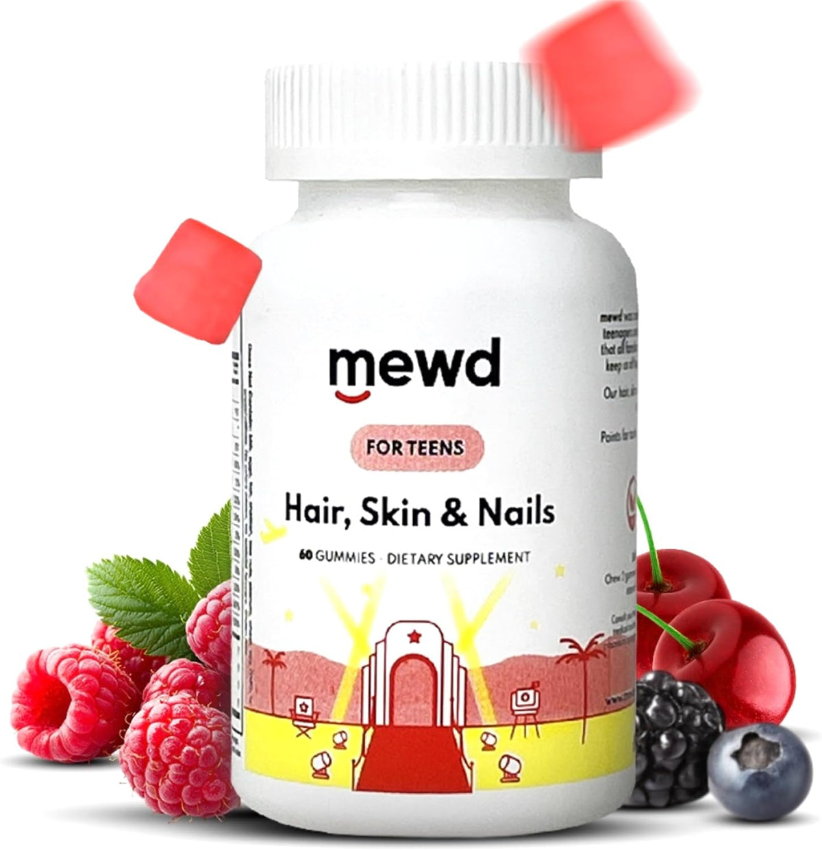 MEWD Hair, Skin & Nails Support Multivitamin Gummies for Teens and Children - Biotin with Zinc, Vitamins A, D3, B1, B2, B6 & B12 - Gluten-Free, Non-GMO - 60 Count - Made in the USA - görsel 1