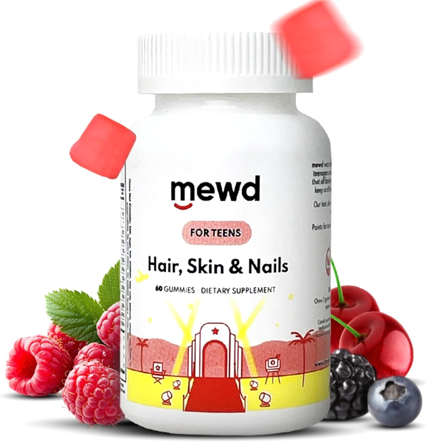 MEWD Hair, Skin & Nails Support Multivitamin Gummies for Teens and Children - Biotin with Zinc, Vitamins A, D3, B1, B2, B6 & B12 - Gluten-Free, Non-GMO - 60 Count - Made in the USA - görsel 1