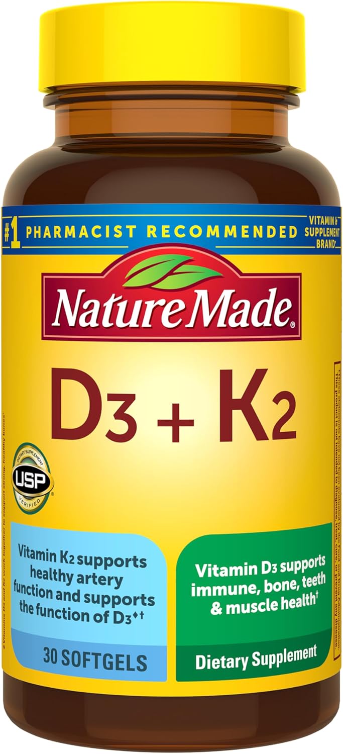 Nature Made Vitamin D3 & K2 Supplement, 5000 IU (125 mcg) Vitamin D for Bone, Muscle and Immune Support, 30 Softgels - görsel 1