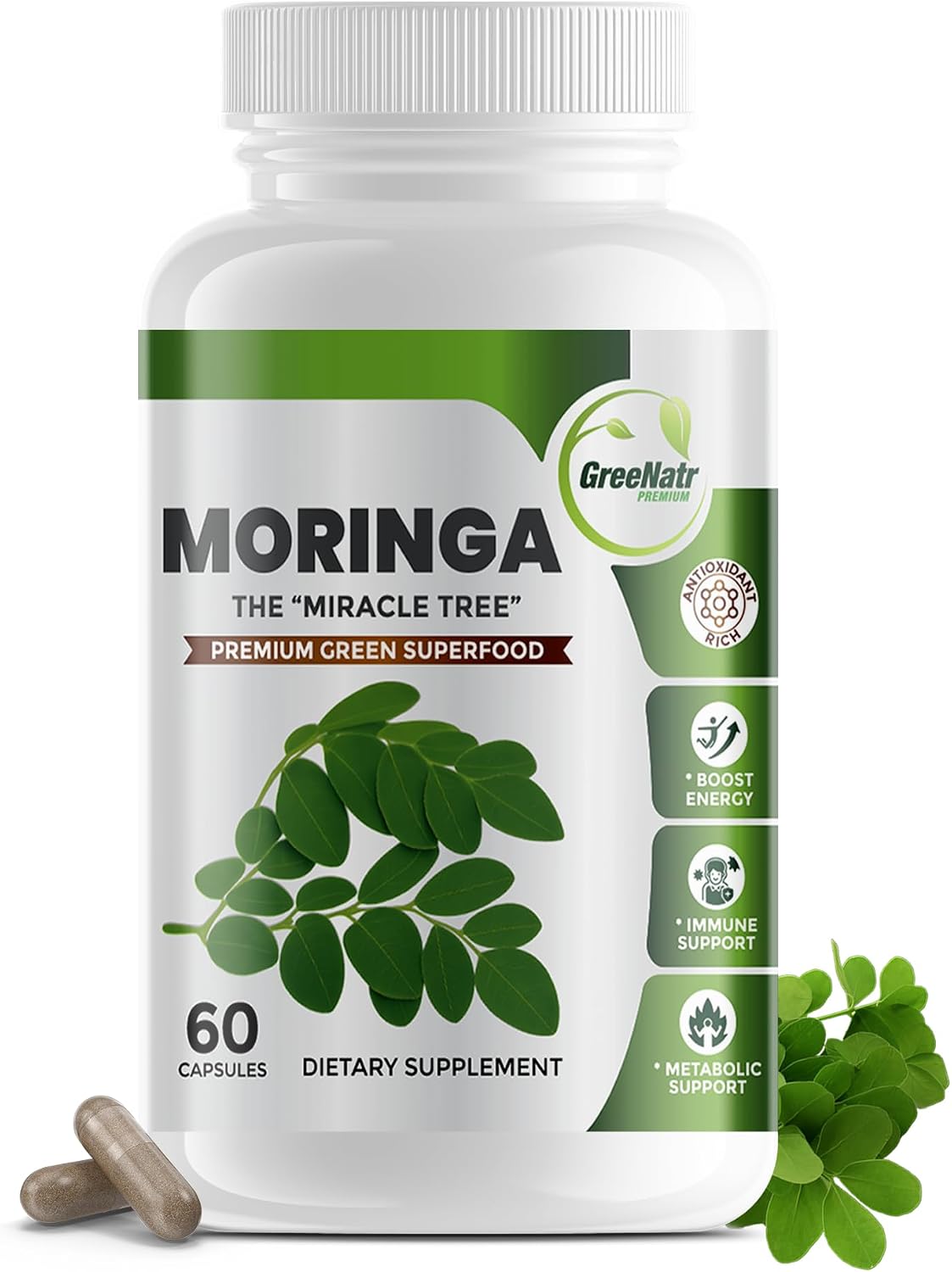Pure Moringa Oleifera Green Superfood Capsules with Vitamin C, Omega 3 & Amino Acids - 60 Capsules - görsel 1
