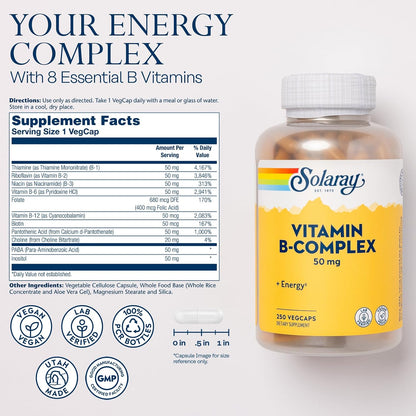 SOLARAY Vitamin B Complex 50 mg – Energy Metabolism & Nervous System Support – Vegan, 250 Vegan Capsules