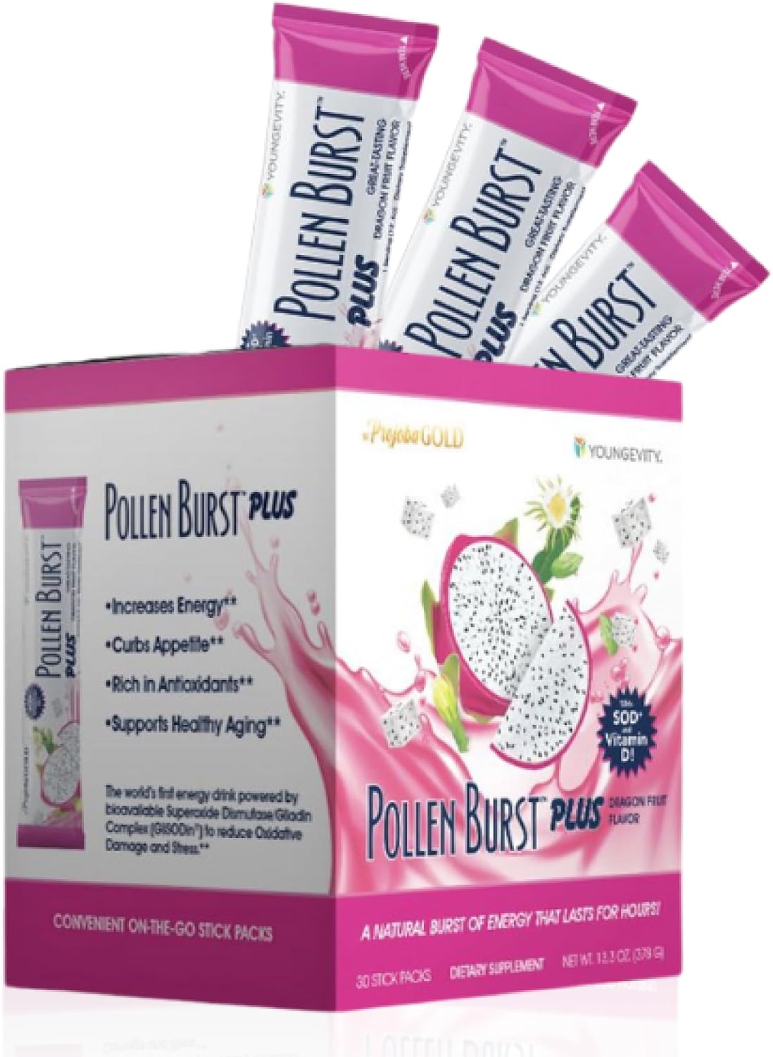 Youngevity ProJoba Pollen Burst™ Dragon Fruit - Natural Energy Supplement with Green Tea & Bee Pollen (30 Sticks) - görsel 1