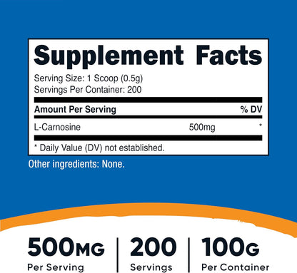 Nutricost L-Carnosine Powder 100g (200 Servings) – Non-GMO