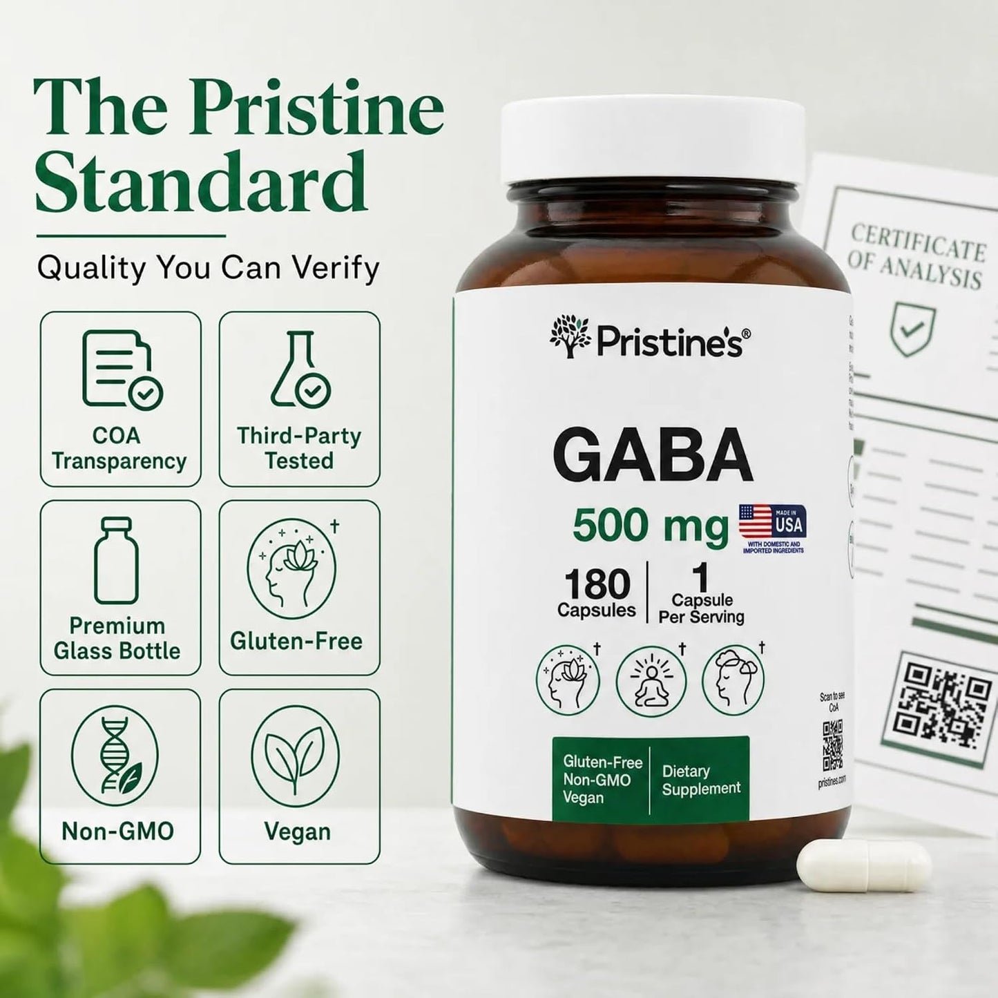 PRISTINE'S GABA 500mg Sleep Support Supplement - 180 Capsules - Calm Mind & Relaxation - görsel 6