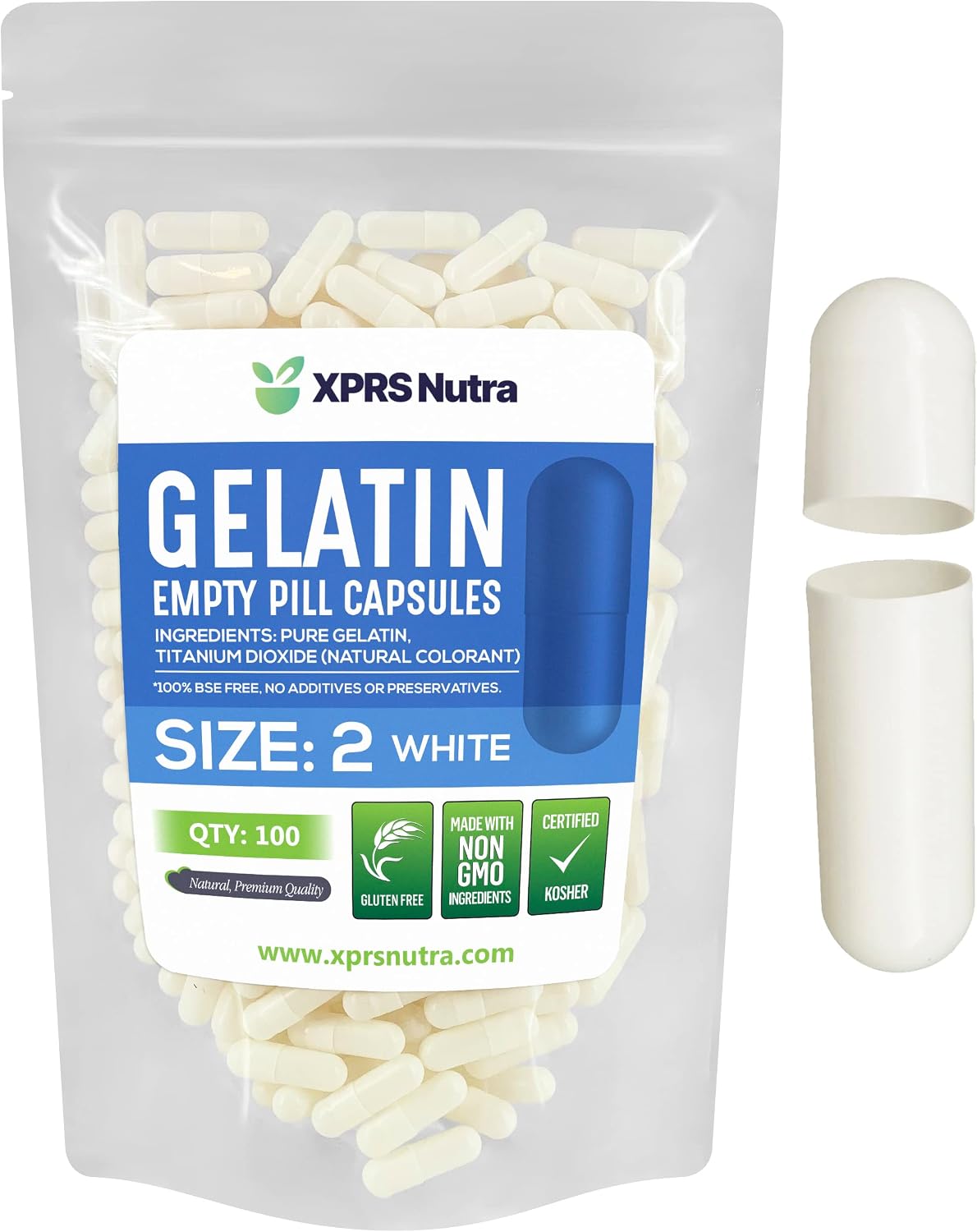 XPRS Nutra Size 2 Empty Gelatine Capsules (100 Capsules) - DIY Pill Capsules - görsel 1