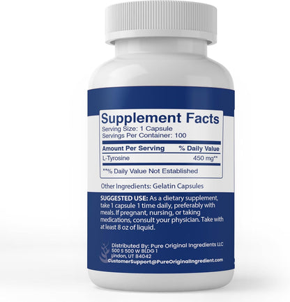 Pure Original Ingredients L-Tyrosine (100 Capsules) – Always Pure, No Additives or Fillers, Laboratory Verified