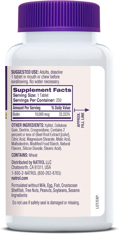Natrol Biotin 10,000 mcg Fast Dissolve Tablets, Strawberry Flavour, 250 Tablets