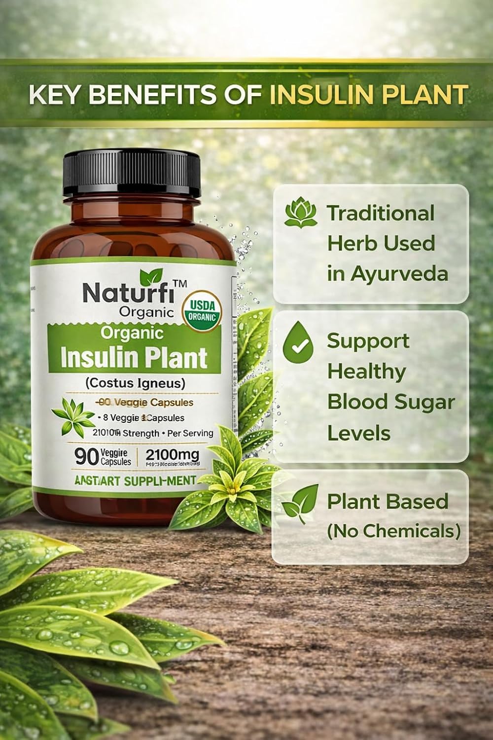 Naturfi Organic Insulin Plant Capsules (Costus Igneus) - Certified Organic, 90 Veggie Caps - görsel 5