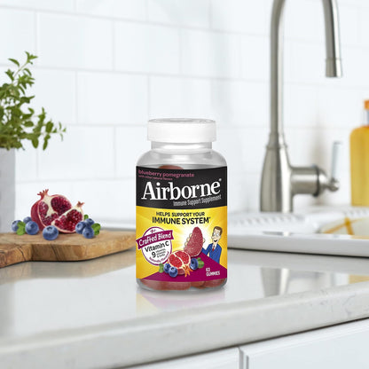 Airborne 750mg Vitamin C Gummies for Adults, Immune Support Supplement with Antioxidants Vitamins A, C & E – 63 Gummies, Blueberry Pomegranate Flavour