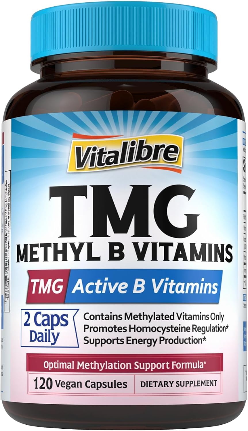 Vitalibre TMG Methyl B Complex – 5-MTHF Folate, B12 Methylcobalamin, TMG Trimethylglycine, 120 Vegan Capsules - görsel 1