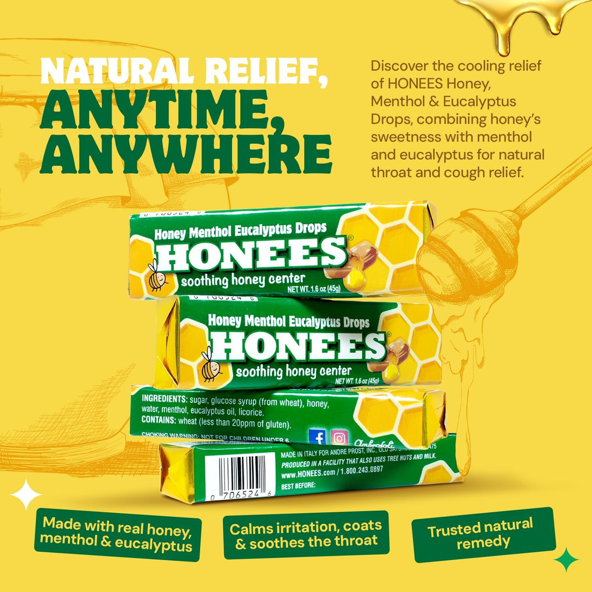 Honees Filled Menthol Cough Drops - Honey, Menthol & Eucalyptus - Natural Sore Throat Relief (6 Pack, 54 Drops) - görsel 2
