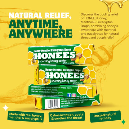 Honees Filled Menthol Cough Drops - Honey, Menthol & Eucalyptus - Natural Sore Throat Relief (6 Pack, 54 Drops)