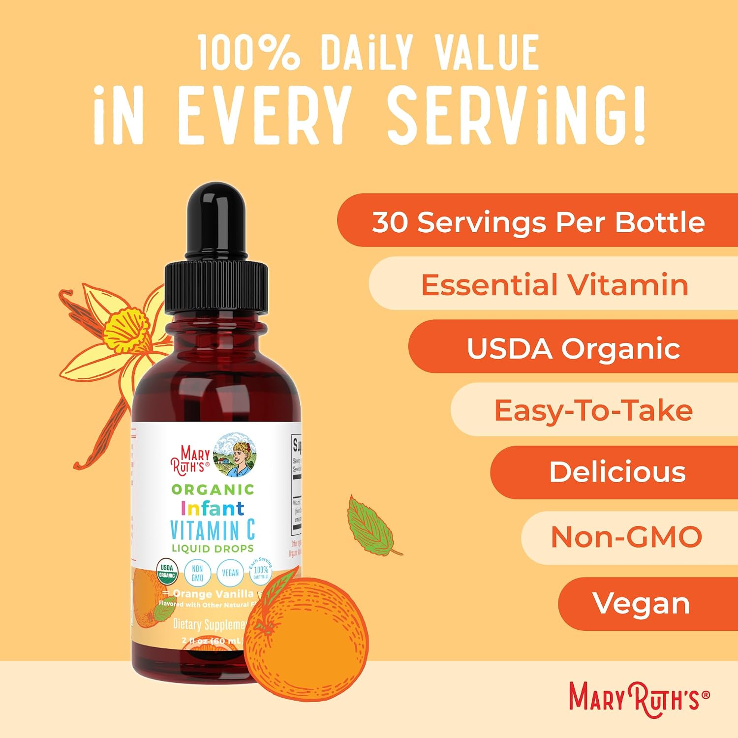 MaryRuth's Infant & Baby Vitamin C Supplement | USDA Organic Vitamin C Liquid Drops for Infants | Ages 6-12 Months | Immune Support | Overall Health | Vegan | Non-GMO | Gluten-free | 60 ml - görsel 7