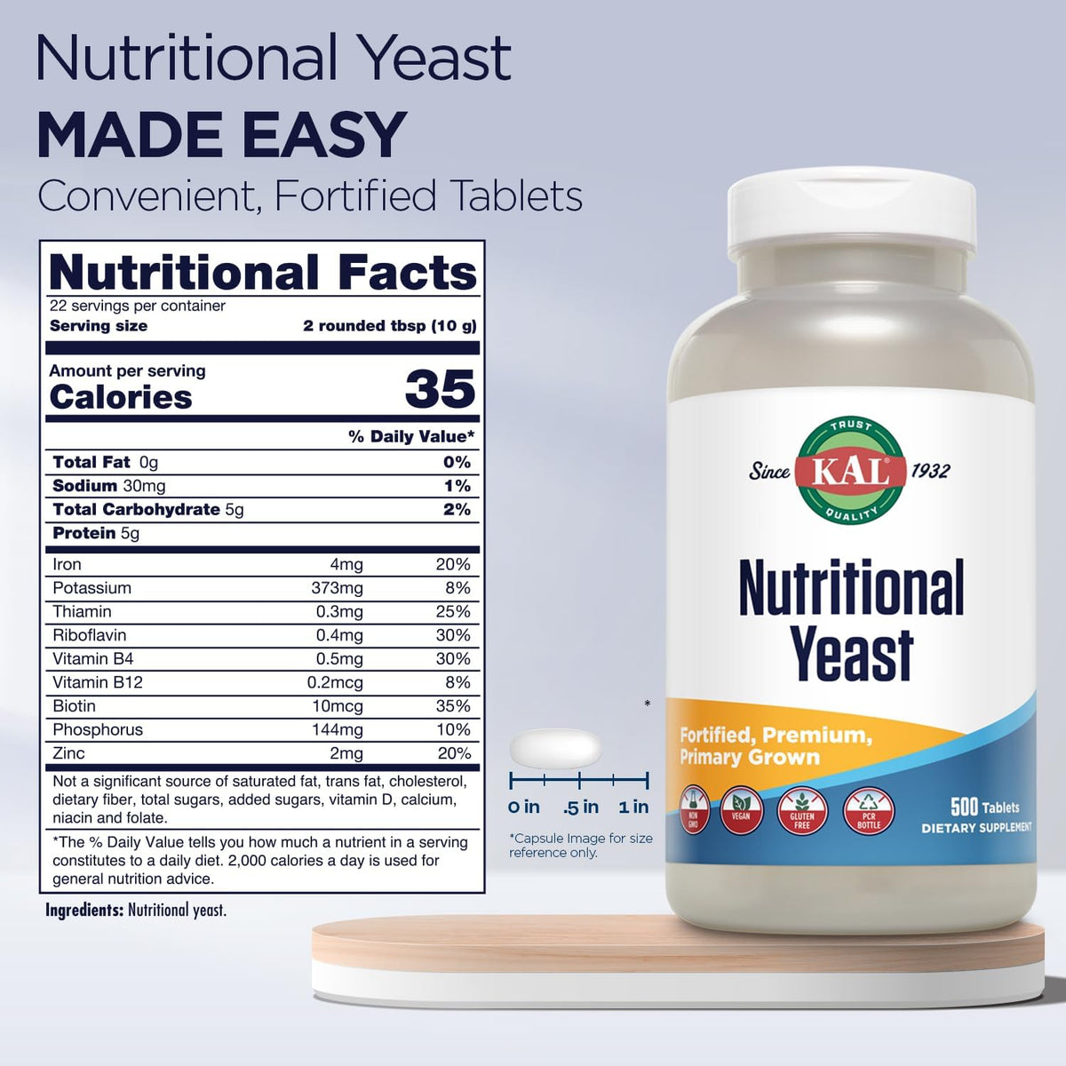 KAL Nutritional Yeast Supplement – Fortified with B Vitamins, Biotin, Folic Acid and Amino Acids – 500 Tablets - görsel 2