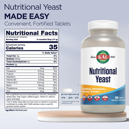 KAL Nutritional Yeast Supplement – Fortified with B Vitamins, Biotin, Folic Acid and Amino Acids – 500 Tablets