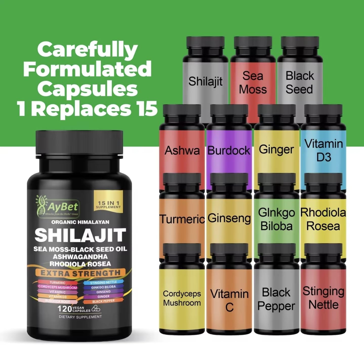 AyBet Organic Himalayan Shilajit Capsules with Sea Moss, Ashwagandha, and Herbal Blend - 120 Capsules - görsel 3