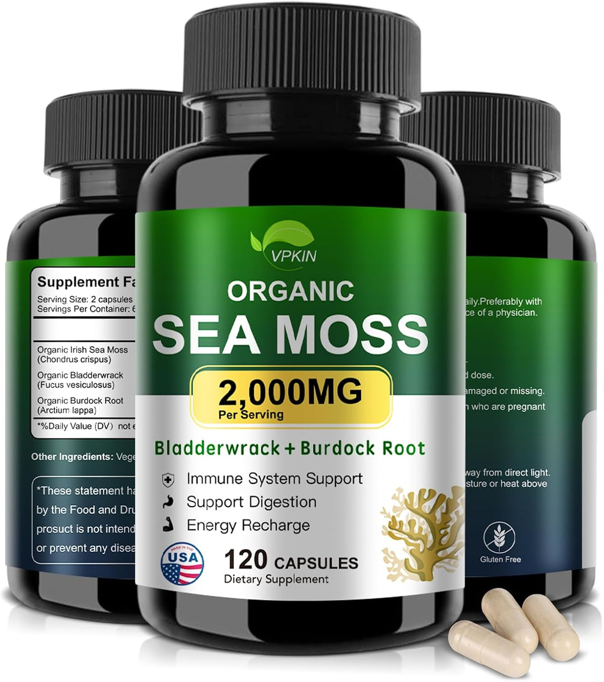 VPKIN Organic Sea Moss Capsules with Bladderwrack, Burdock Root and Black Pepper Extract – Irish Sea Moss Capsules 2000mg – Supports Immune System, Thyroid Health (120 Capsules) - görsel 1