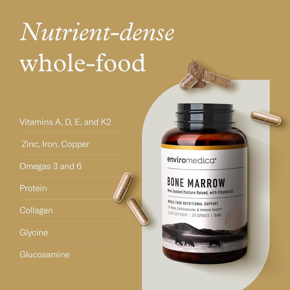 Enviromedica Bone Marrow Supplement – Grass-Fed New Zealand Beef Bone Marrow, MCHA, Bovine Cartilage, Collagen, Freeze-Dried, Vitamin K2 MK7, 120 Capsules - görsel 5