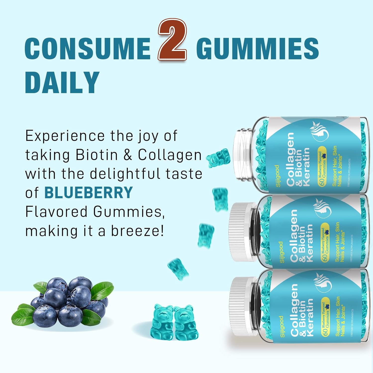 Biotin Gummies with Collagen, Keratin & Hyaluronic Acid - 60 Blueberry Gummies - görsel 5