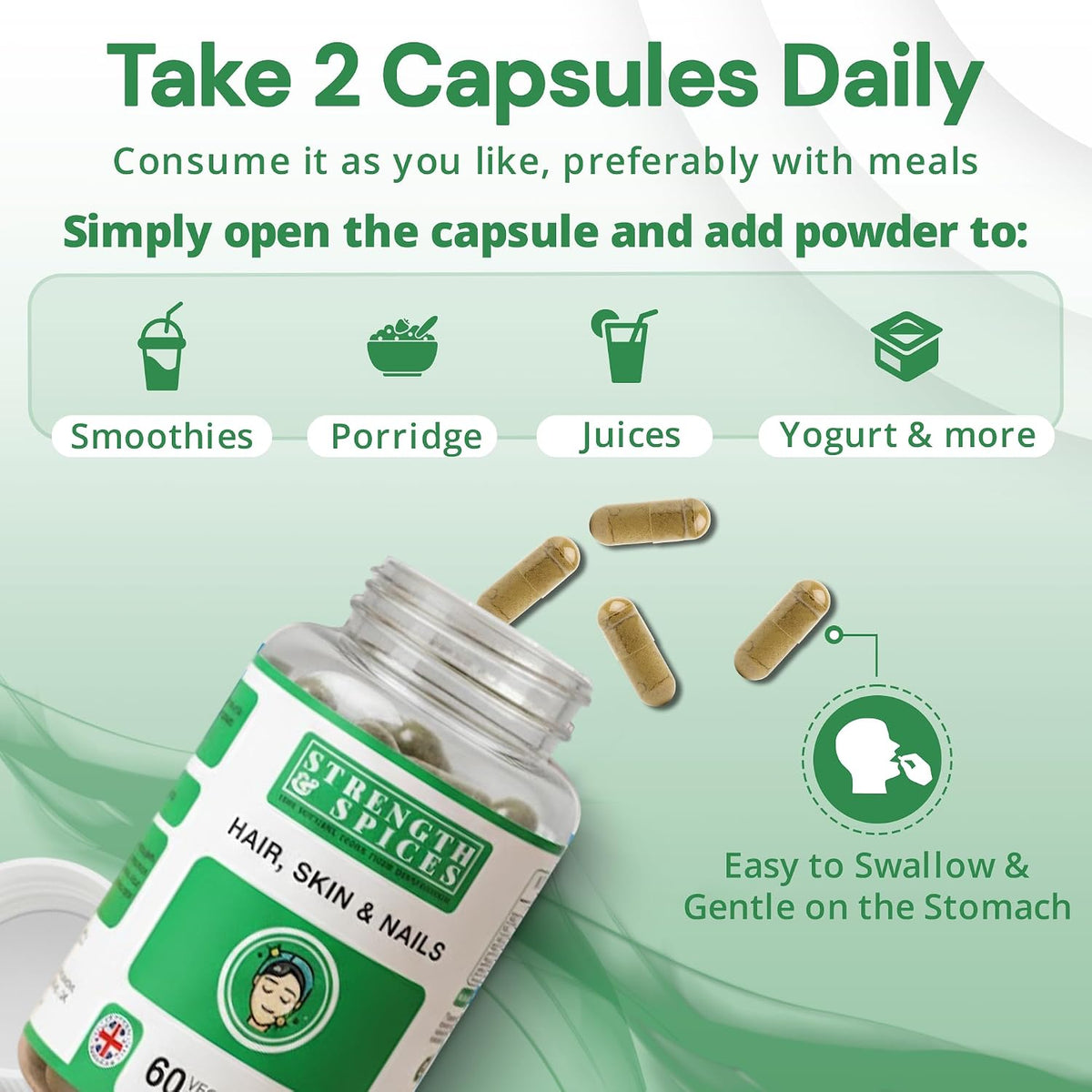 Strength & Spices Hair, Skin & Nails 100% Natural Supplement – 20 Ingredients with Biotin, Selenium & Zinc – 60 Vegan Capsules - görsel 6