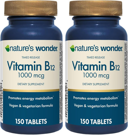 Nature's Wonder Vitamin B12 1000 mcg Timed Release Tablets for Energy Metabolism, Supports Normal Nervous System and Psychological Function, 150 Day Supply, 150 Tablets