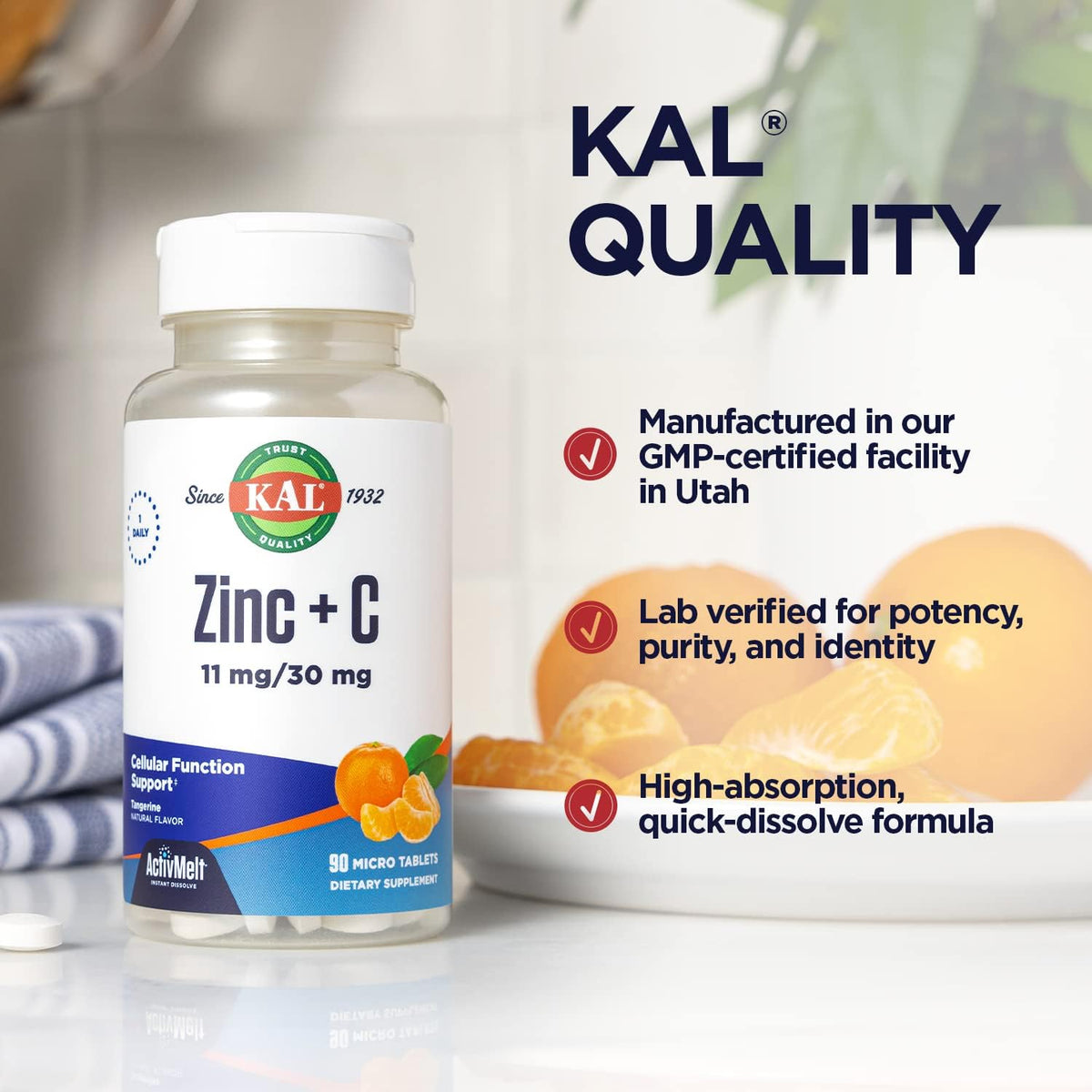 KAL Zinc Plus C ActivMelt - Instant Dissolve Vitamin C and Zinc, Immune Support, Natural Tangerine Flavour, 90 Micro Tablets - görsel 4
