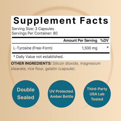NatureBell L-Tyrosine Supplement – 1,500mg, 240 Capsules – Brain Health Support for Memory, Focus, and Mental Alertness – Non-GMO