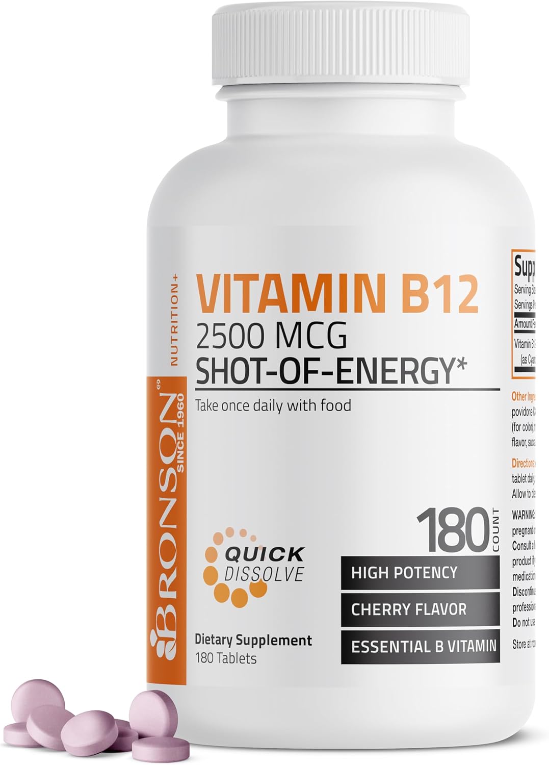 Bronson Vitamin B12 2500mcg Sublingual Tablets - Cherry Flavoured Fast Dissolve - 180 Tablets - görsel 1