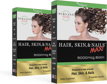 Wellgenix Purvana MAX Hair, Skin and Nails Supplement – 5000mcg Biotin with MSM & B-Complex – 60 Veggie Capsules (2 Pack)
