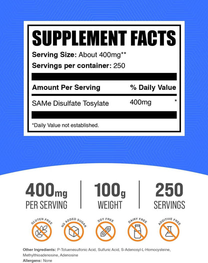 BulkSupplements.com SAM-e Powder - S-Adenosyl-L-Methionine Supplement, 400mg per Serving, 100g
