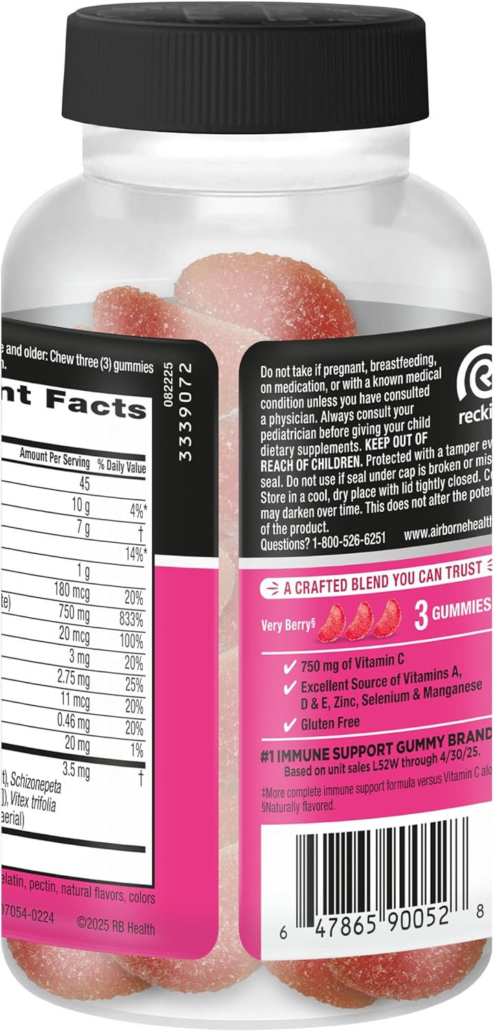 Airborne 750mg Vitamin C Gummies for Adults - Immune Support - 42 Gummies, Very Berry Flavour - görsel 10